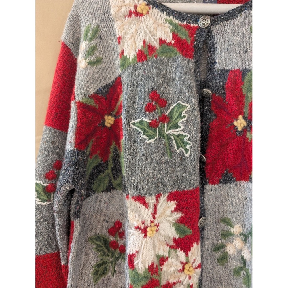NORTHERN ISLES XL Holiday Cardigan Poinsettia Holly Knit Sweater Patchwork - Picture 2 of 6